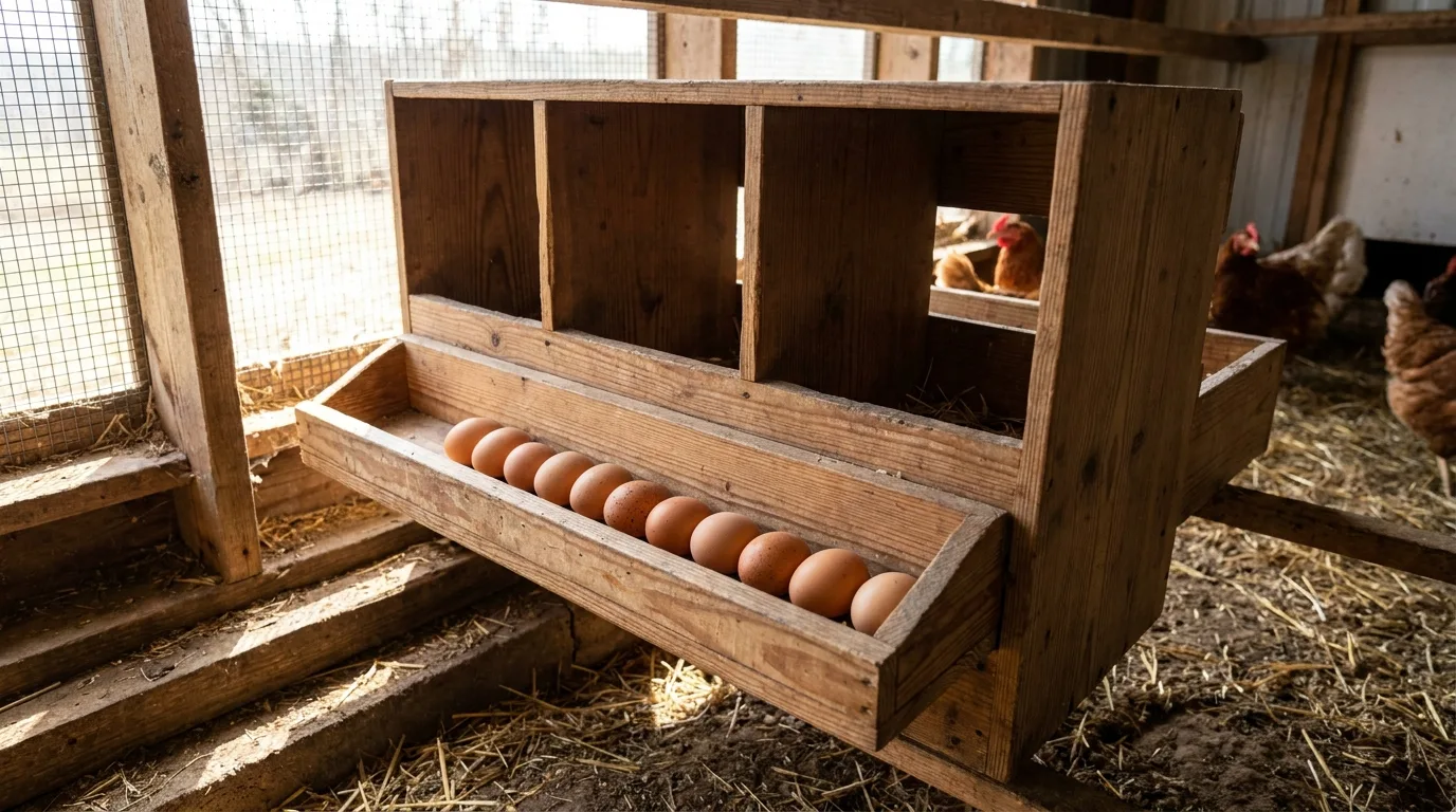 Abrollnest aus Holz: gelegte Eier rollen sauber in die vordere Auffangschale