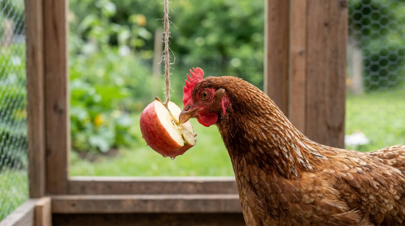 Huhn pickt an einem aufgeschnittenen roten Apfel im Auslauf