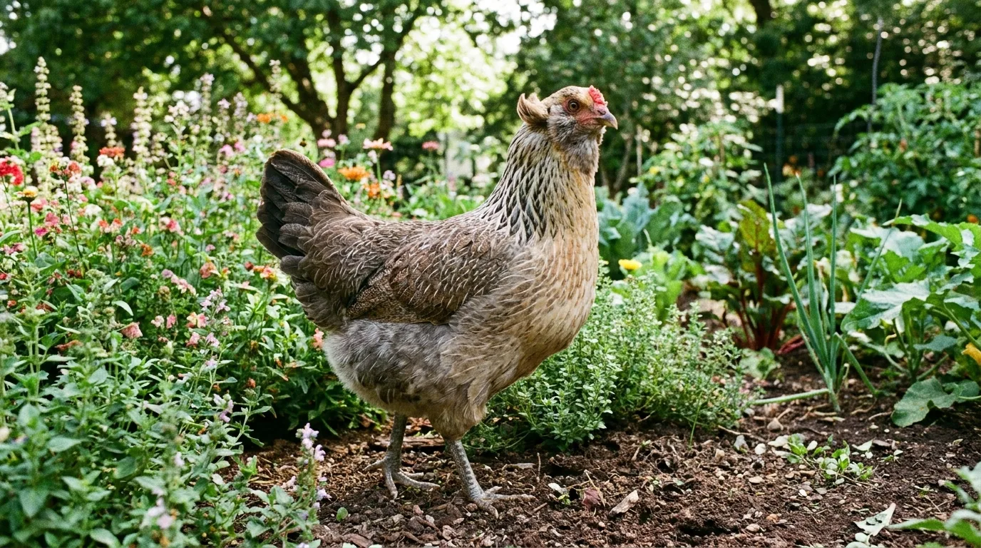 Araucana-Henne mit Federbommeln an den Ohren und ohne Schwanz im grünen Garten