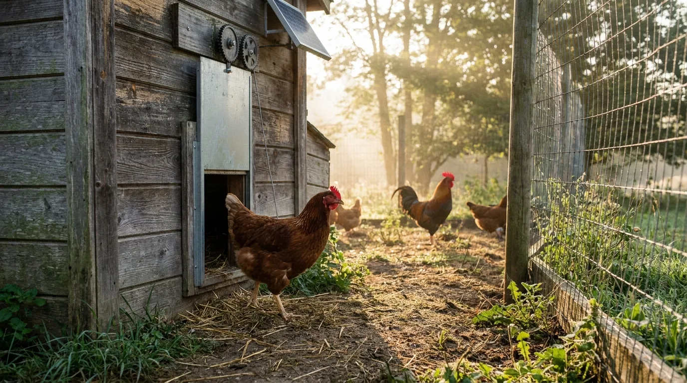 Huhn läuft durch die geöffnete automatische Klappe eines Stalls nach draußen in den Auslauf