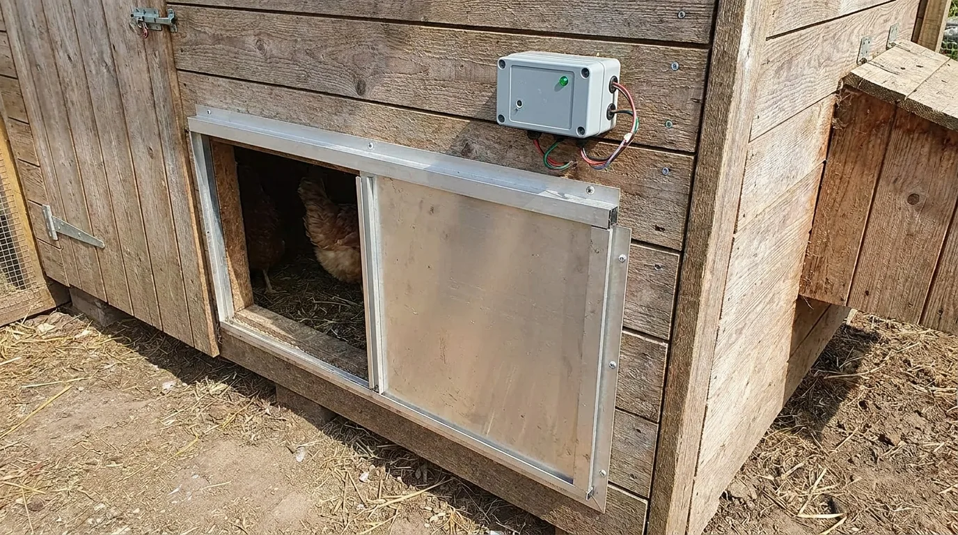 Automatische Hühnerklappe aus Aluminium mit Motoreinheit an einem Holzstall montiert