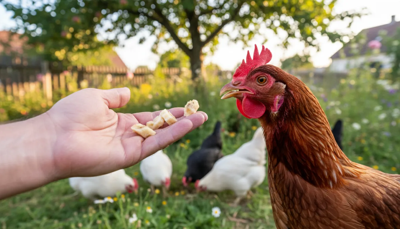 Huhn frisst kleine Bananenstücke aus der Hand im Garten