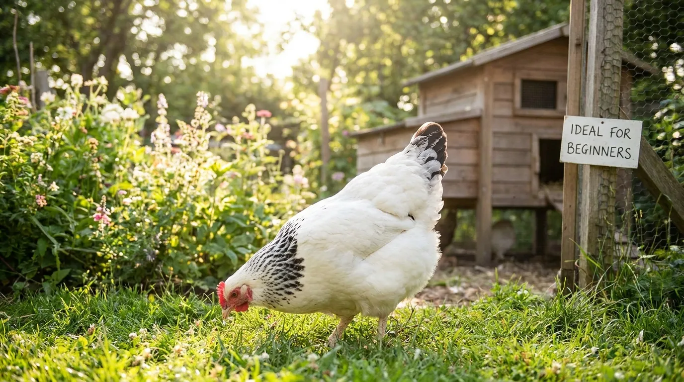 Ruhige weiße Sussex-Henne im Garten – ideale Anfängerrasse