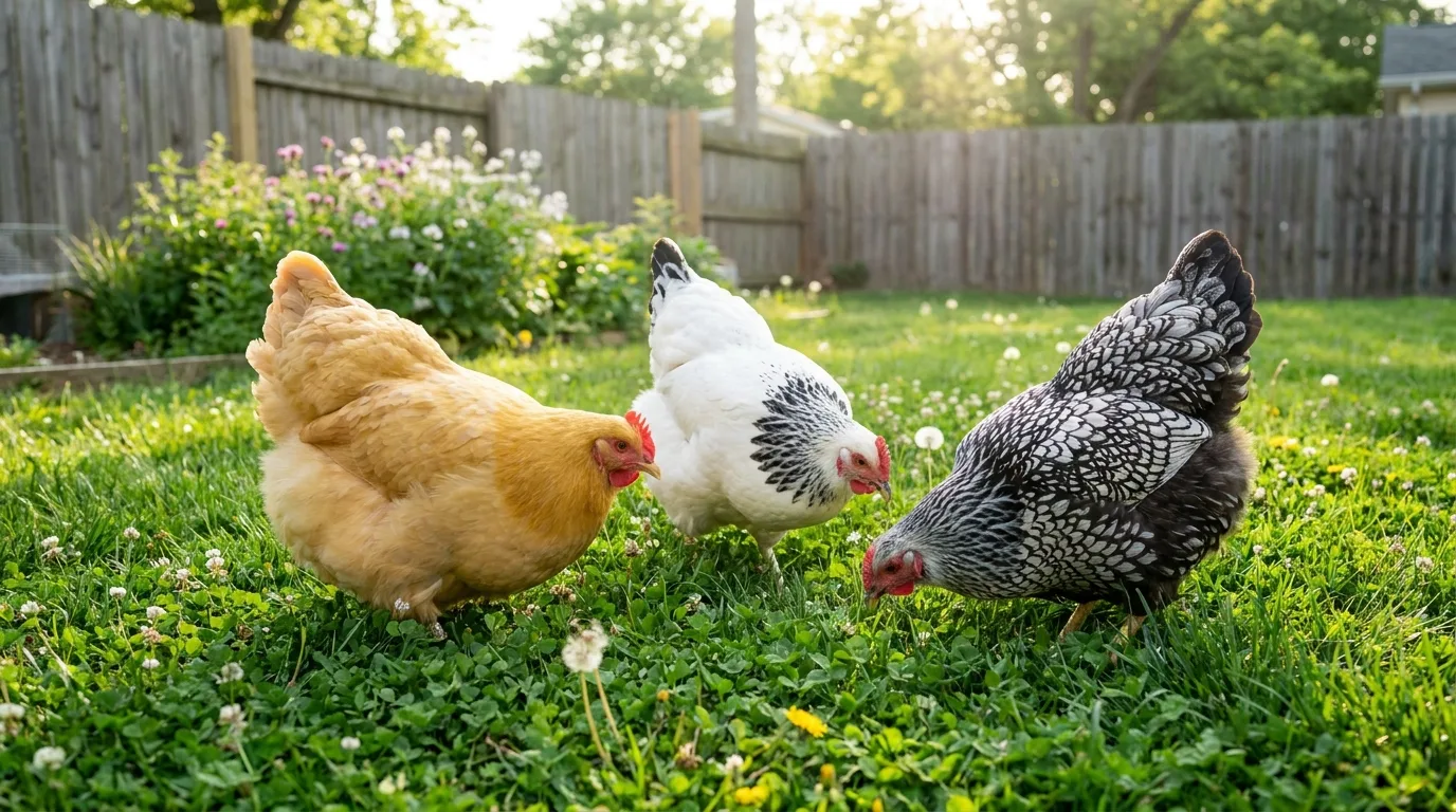 Gemischte Schar anfängerfreundlicher Hühnerrassen im grünen Garten