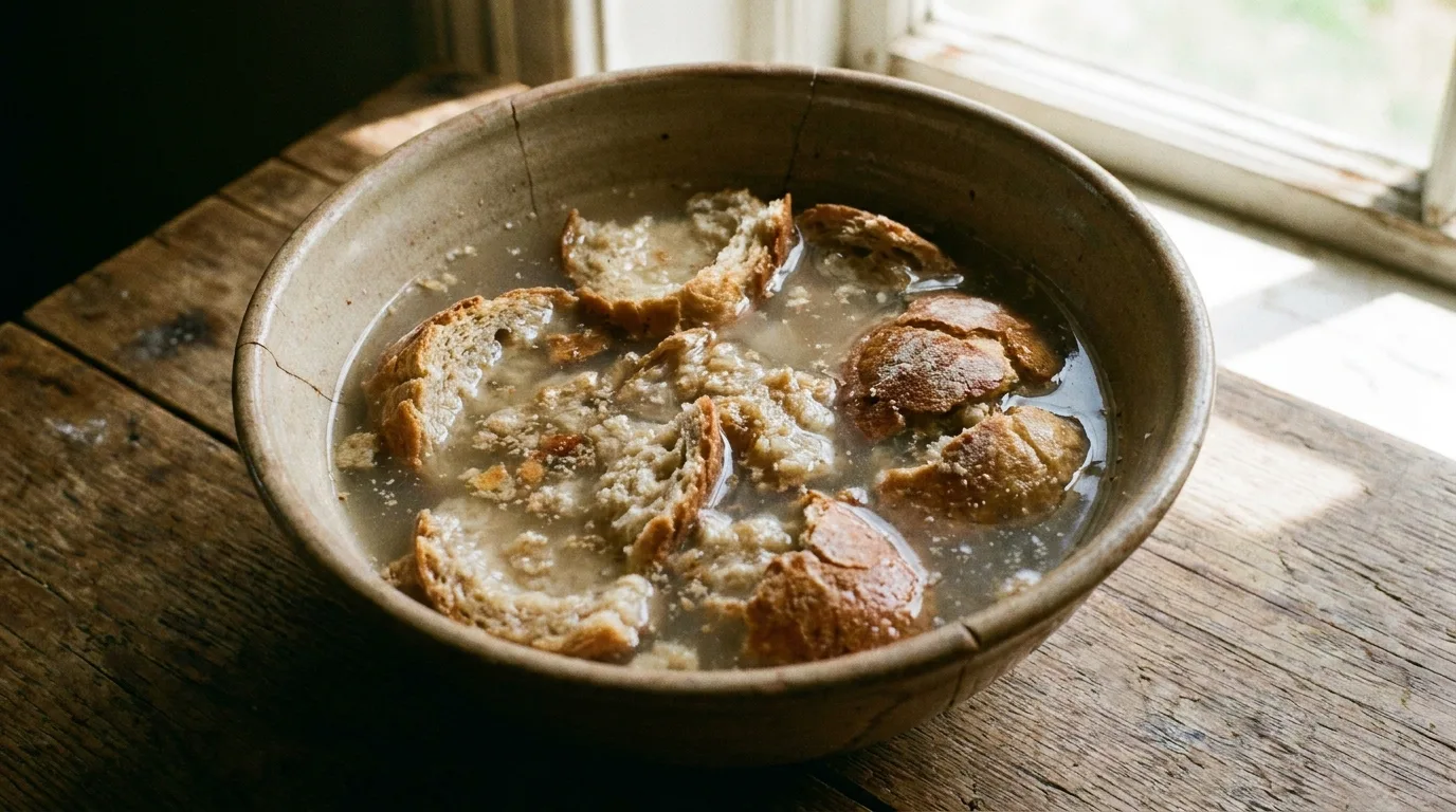 Altbackenes Brot weicht in einer Schüssel Wasser ein – so lässt es sich für Hühner besser füttern