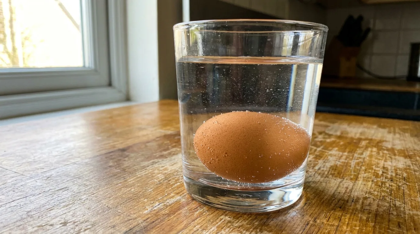 Frischetest: ein frisches Ei liegt flach am Boden eines Wasserglases