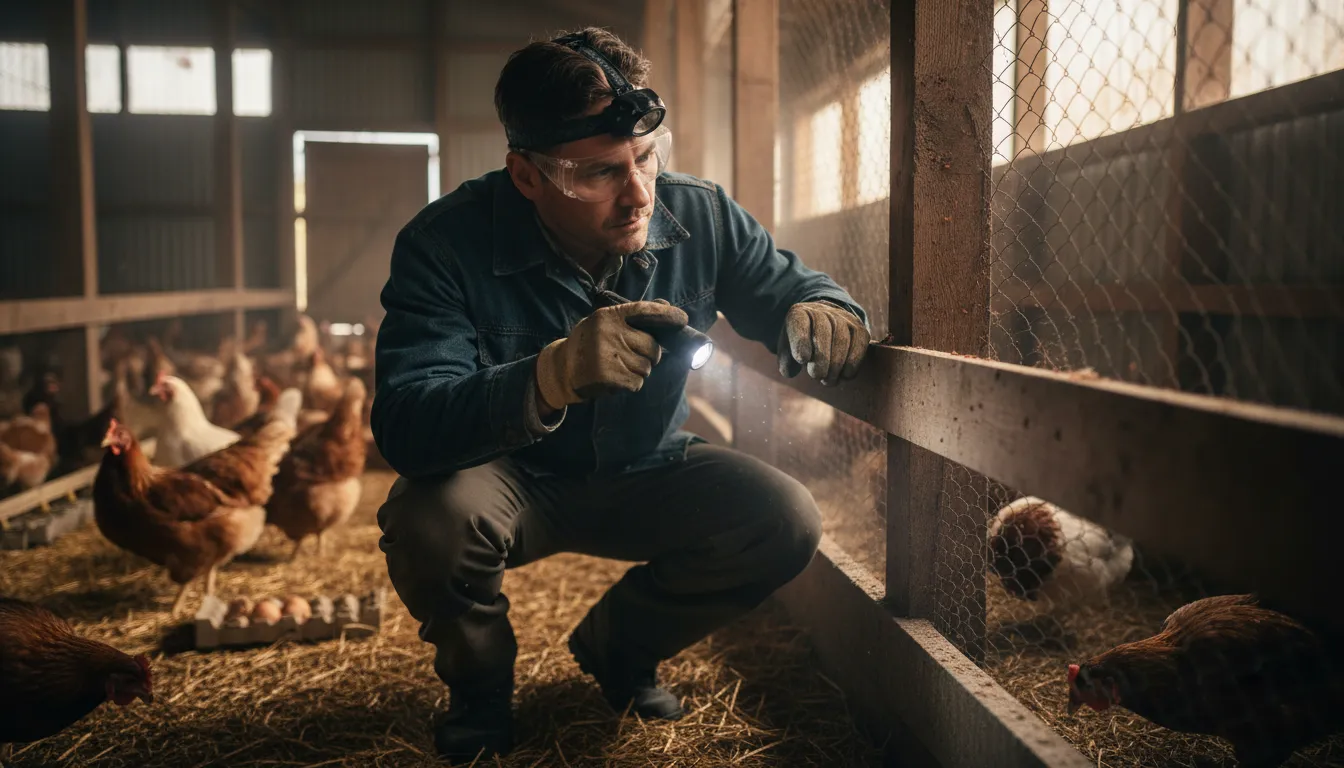 Halter kontrolliert Sitzstangen im Hühnerstall mit Taschenlampe auf rote Vogelmilben