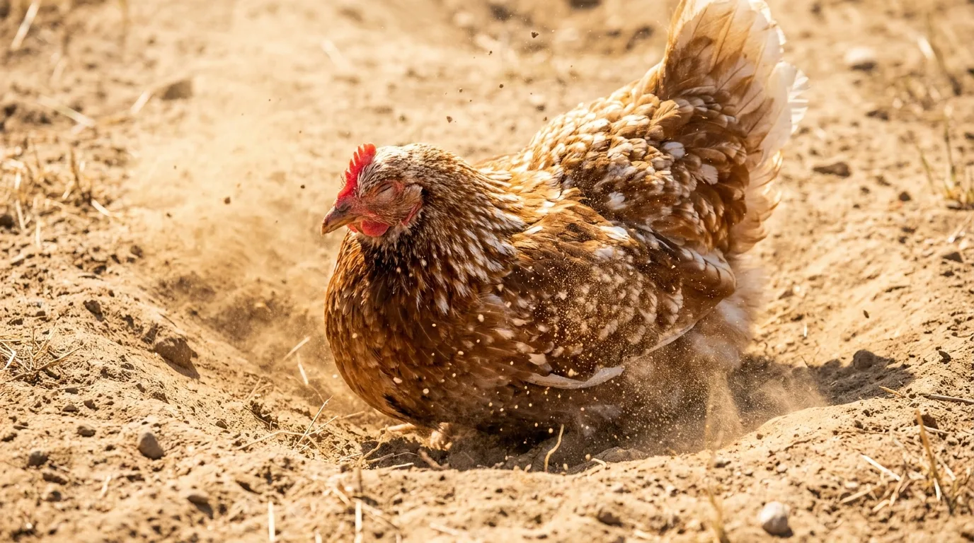Huhn nimmt ein Sandbad und wirbelt feinen Staub auf – natürlicher Parasitenschutz