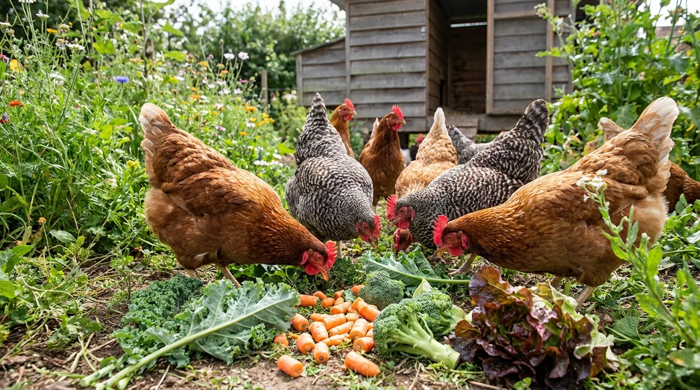 Hühner picken sicheres frisches Gemüse und Grünzeug im Garten