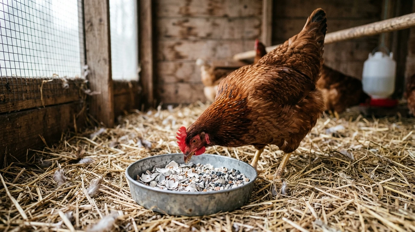 Huhn pickt Grit und Muschelkalk aus einer separaten Schale im Stall