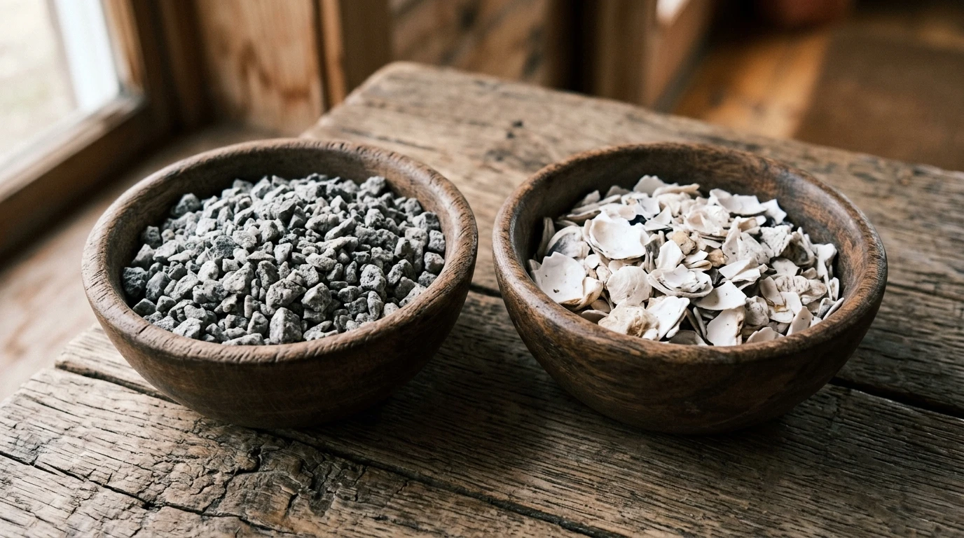 Zwei Schalen im Vergleich: grauer Magengrit und weißer Muschelkalk für Hühner