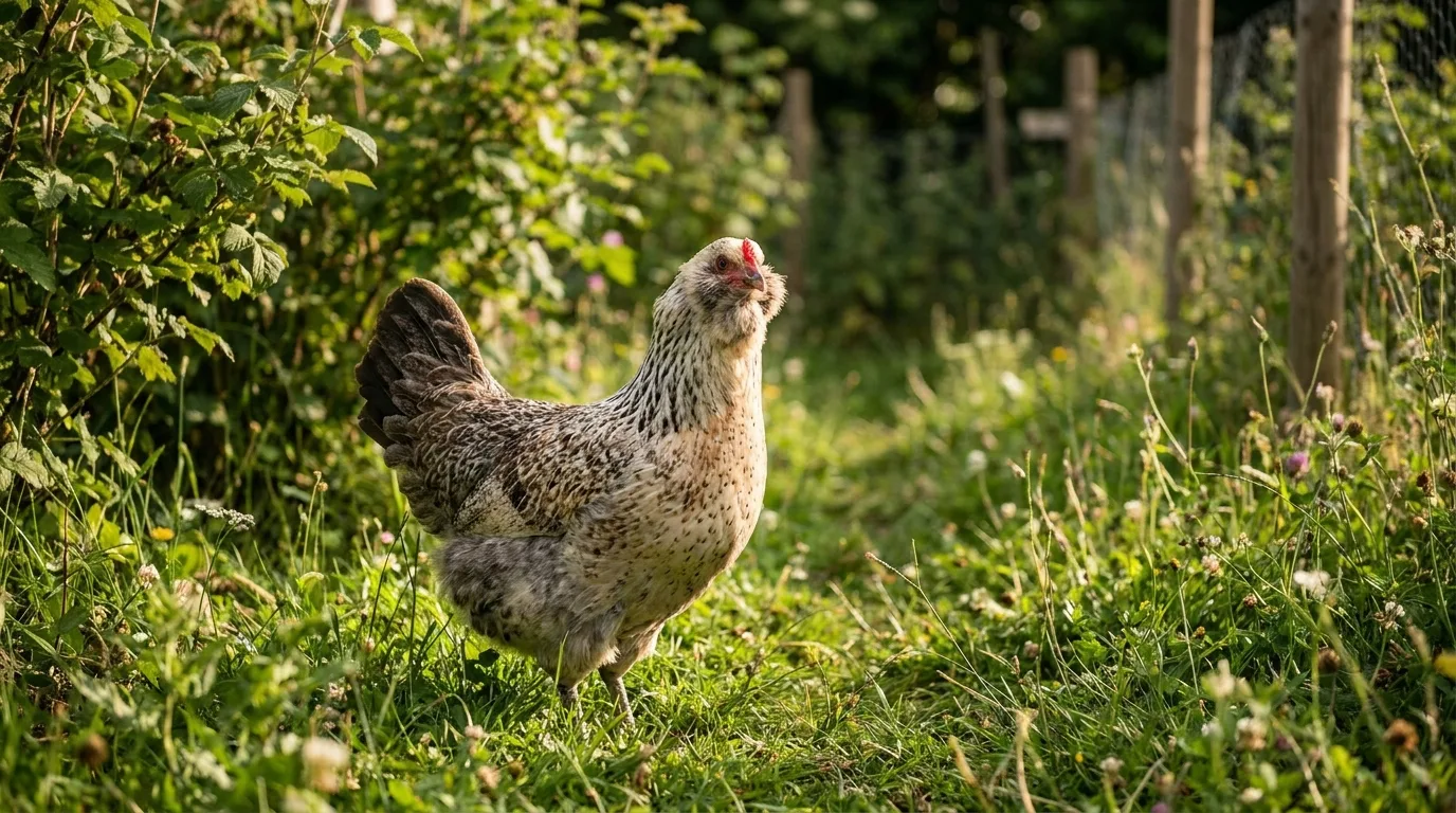 Araucana-Henne mit Federbüscheln im grünen Auslauf