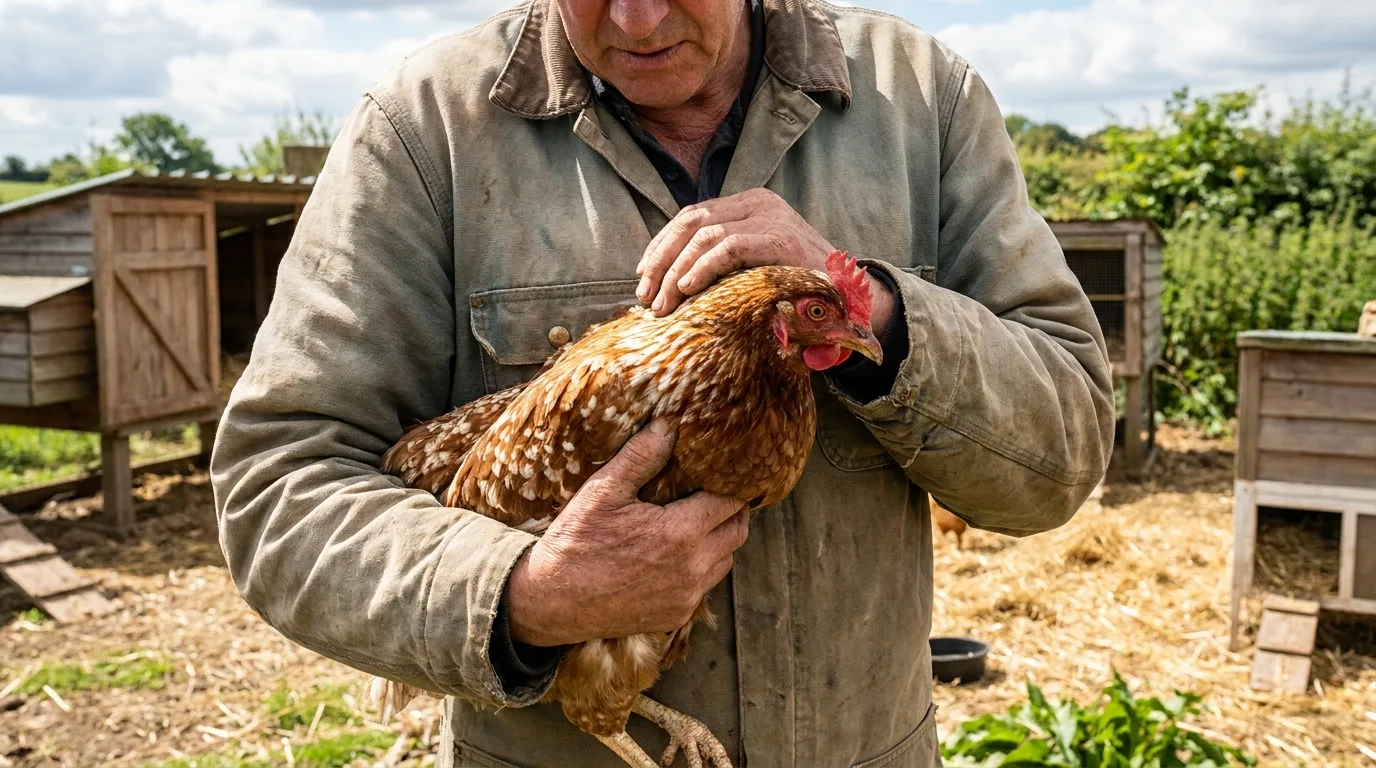 Hobbyhalter untersucht ein Huhn beim Gesundheitscheck und stützt es behutsam mit beiden Händen