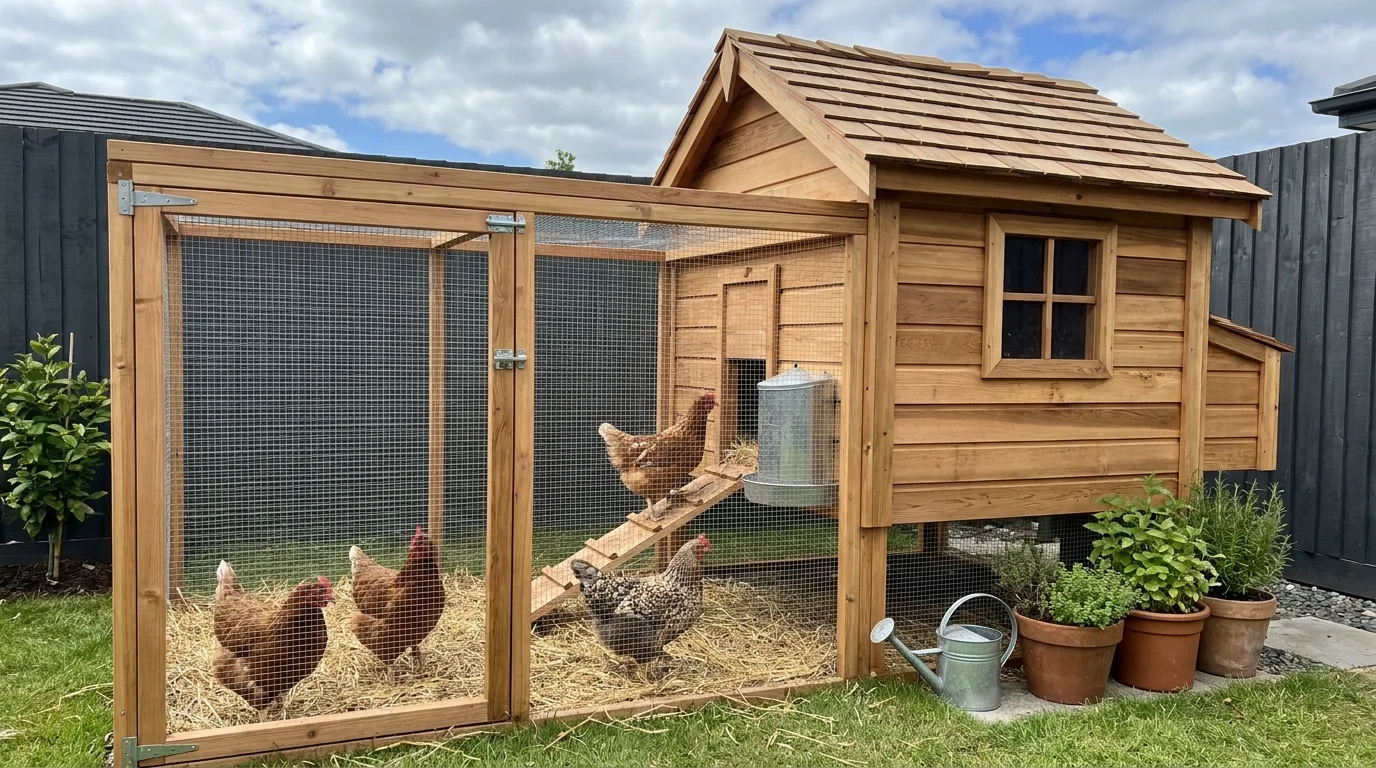 Ordentlicher Holz-Hühnerstall mit Auslauf und einigen Hühnern im Garten