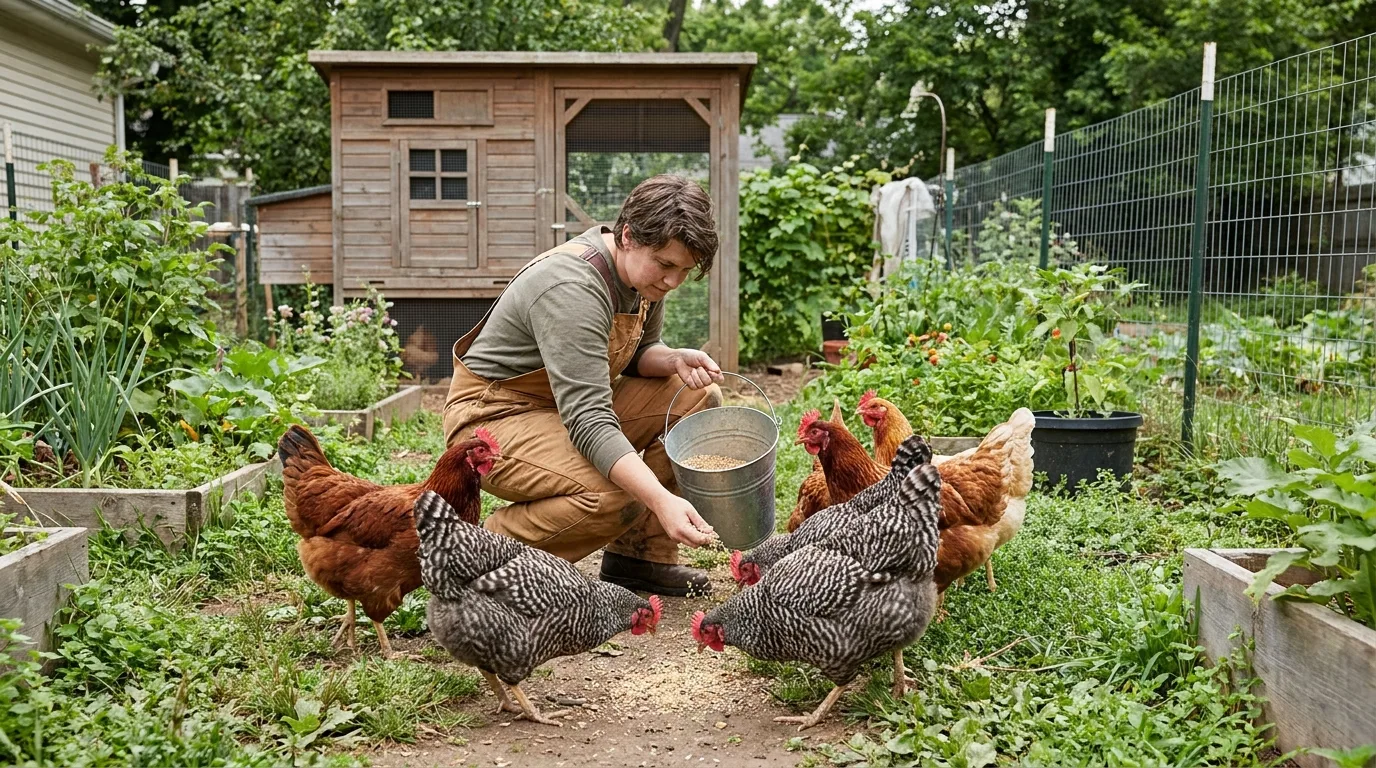 Kleine glückliche Hühnerschar wird von einer Person im Garten gefüttert – Einstieg in die Hühnerhaltung