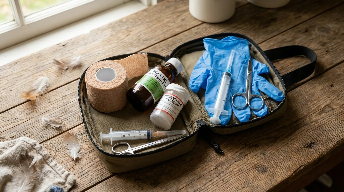 Hühner-Hausapotheke auf einem Tisch: Verband, Desinfektion, Puder, Handschuhe, Spritze, Schere