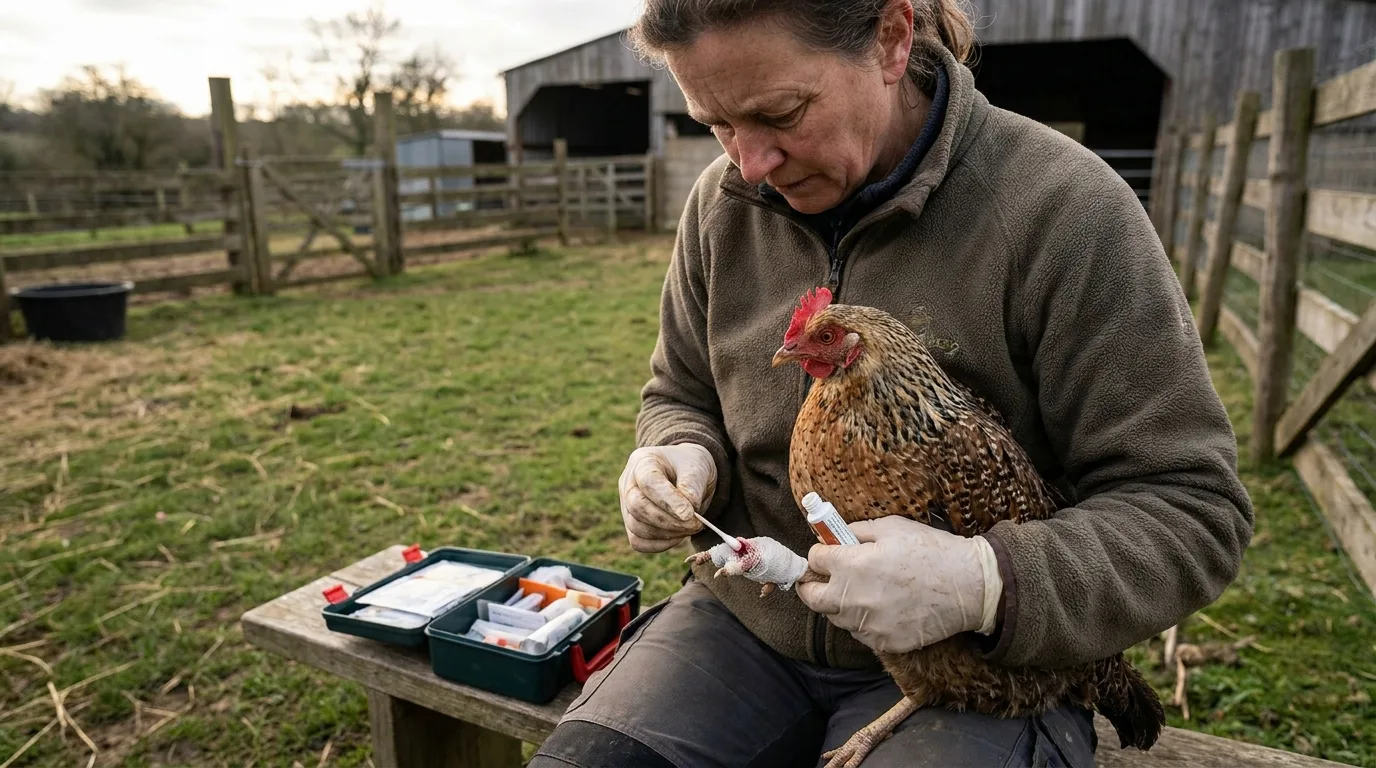 Person hält behutsam ein Huhn und versorgt es – Erste Hilfe am Tier