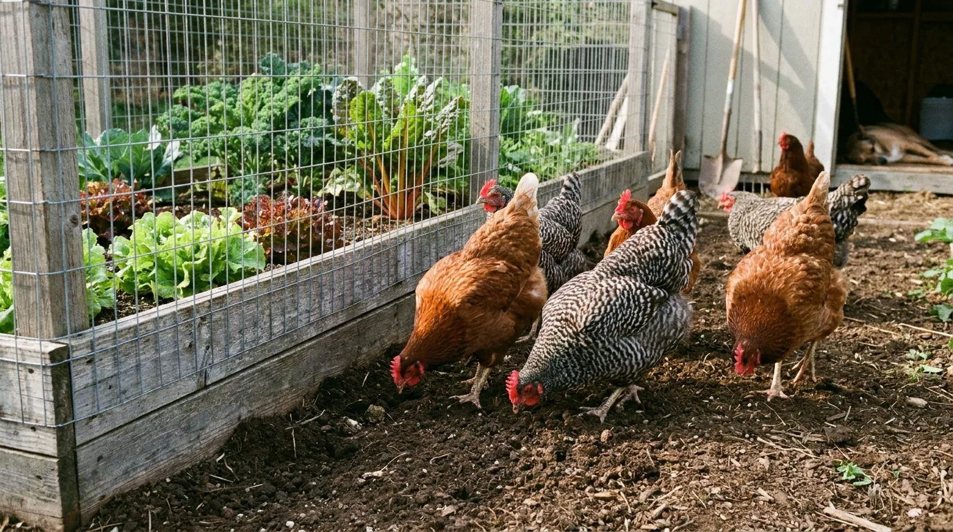 Hühner scharren im Boden neben einem eingezäunten Gemüsebeet im Garten
