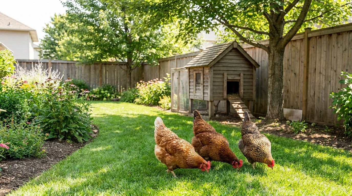 Braune und gesprenkelte Hühner in einem gepflegten Hausgarten mit Rasen und kleinem Holzstall