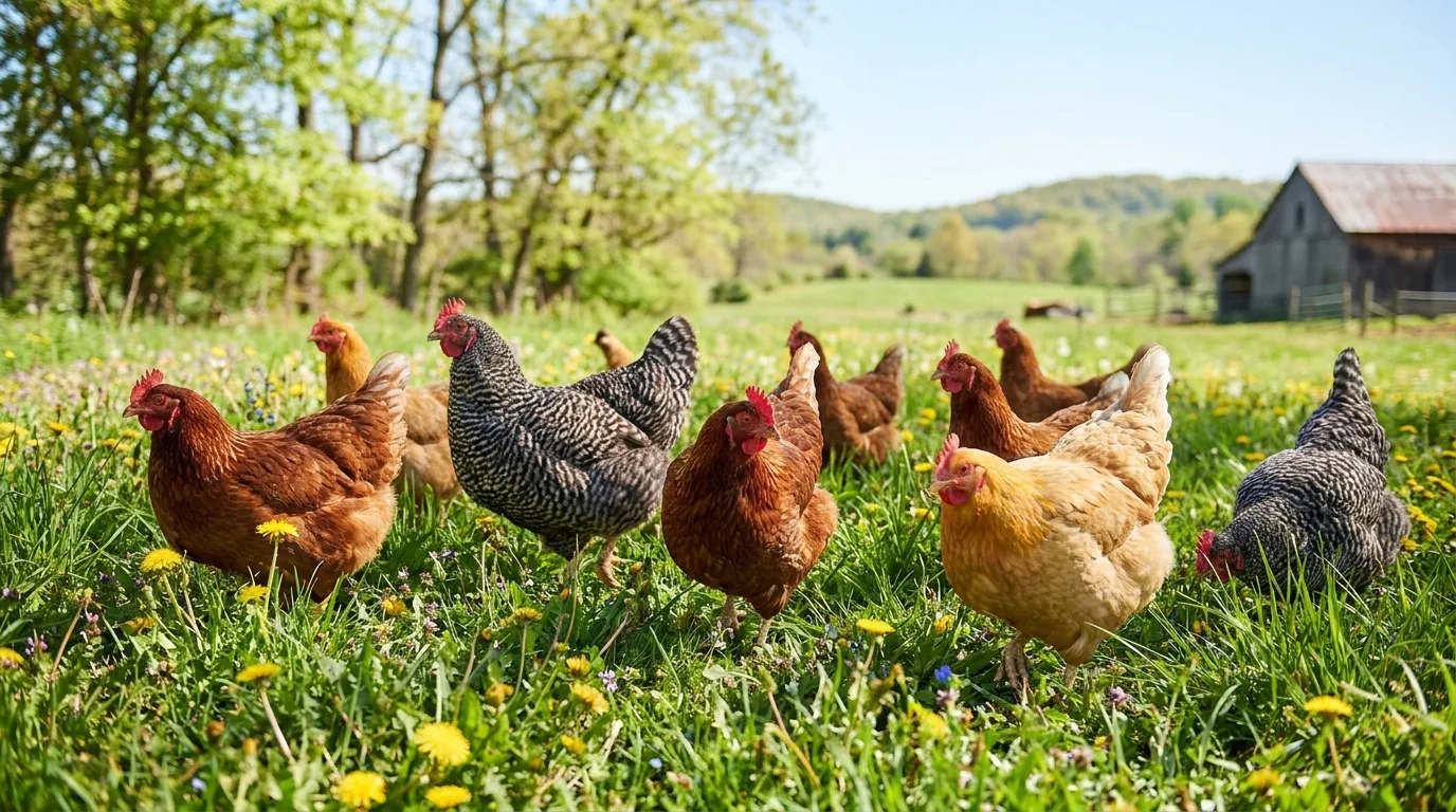 Gesunde Hühner auf frischer Frühlingswiese mit Löwenzahn
