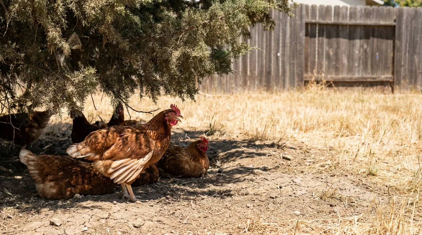 Hühner suchen an einem heißen Sommertag Schatten unter einem Busch, ein Huhn hechelt mit offenem Schnabel