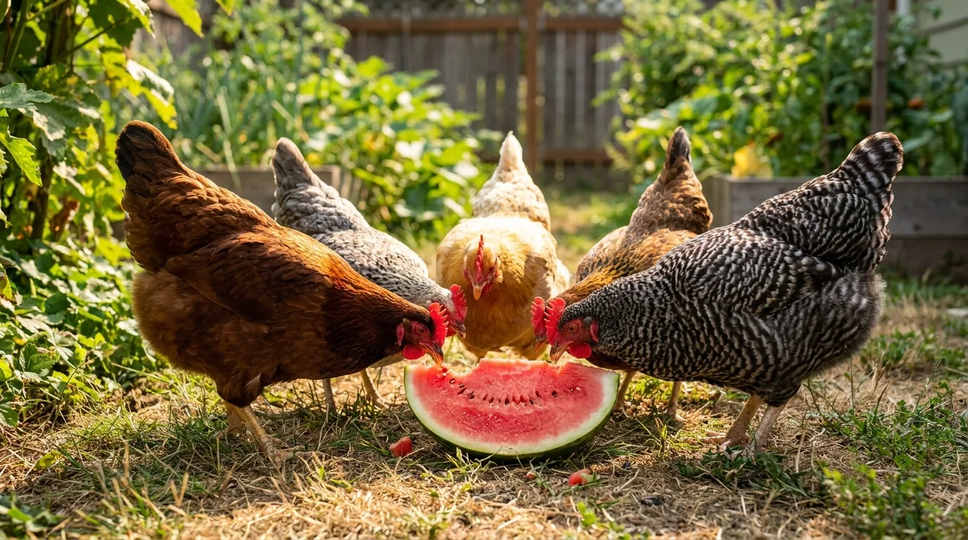 Hühner picken an einer Scheibe Wassermelone im sonnigen Garten als kühlende Erfrischung