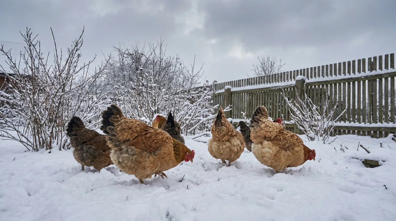 Robuste Hühner stehen an einem kalten Wintertag im verschneiten Garten