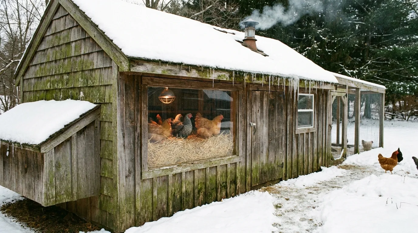 Gut isolierter Hühnerstall im Winter mit Schnee auf dem Dach und Hühnern auf Stroh