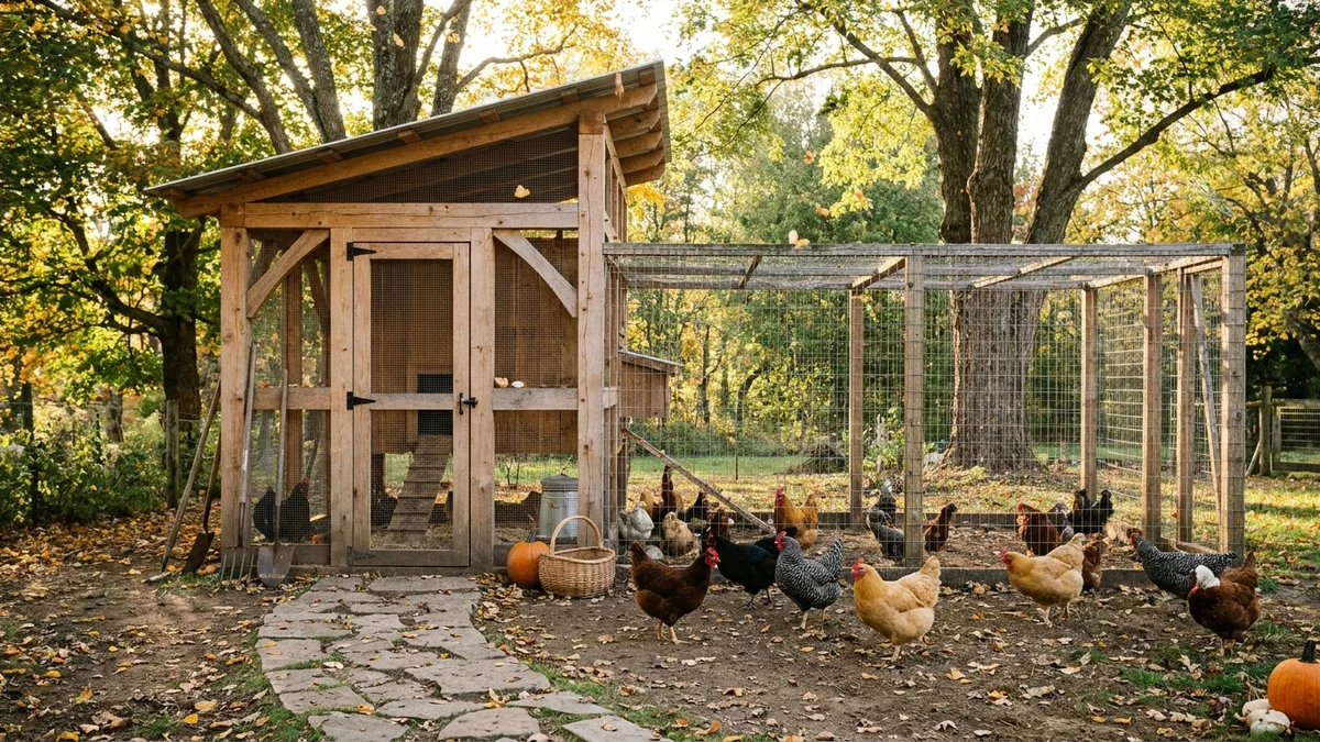 Großer begehbarer Hühnerstall mit angebautem Auslauf im Garten mit gemischter Hühnerschar