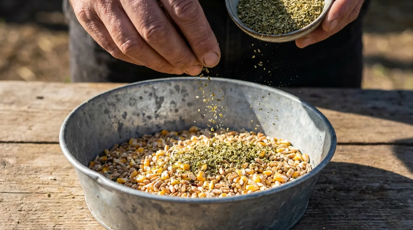 Getrockneter Oregano wird als natürliche Unterstützung über das Hühnerfutter gestreut