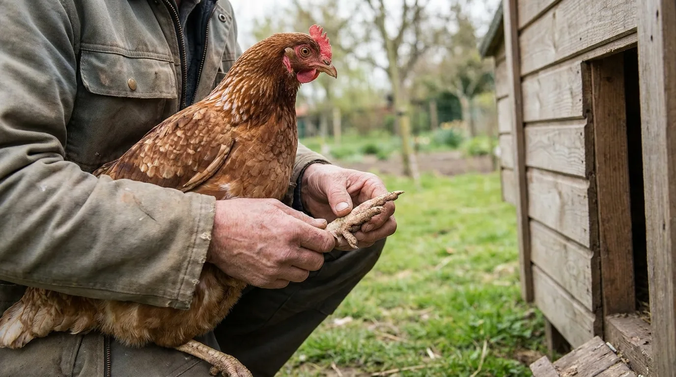Person hält ein Huhn und kontrolliert dessen Beine und Füße beim Gesundheitscheck