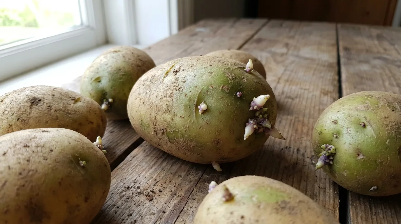 Rohe Kartoffeln mit grünen Stellen und Keimen – für Hühner wegen Solanin tabu