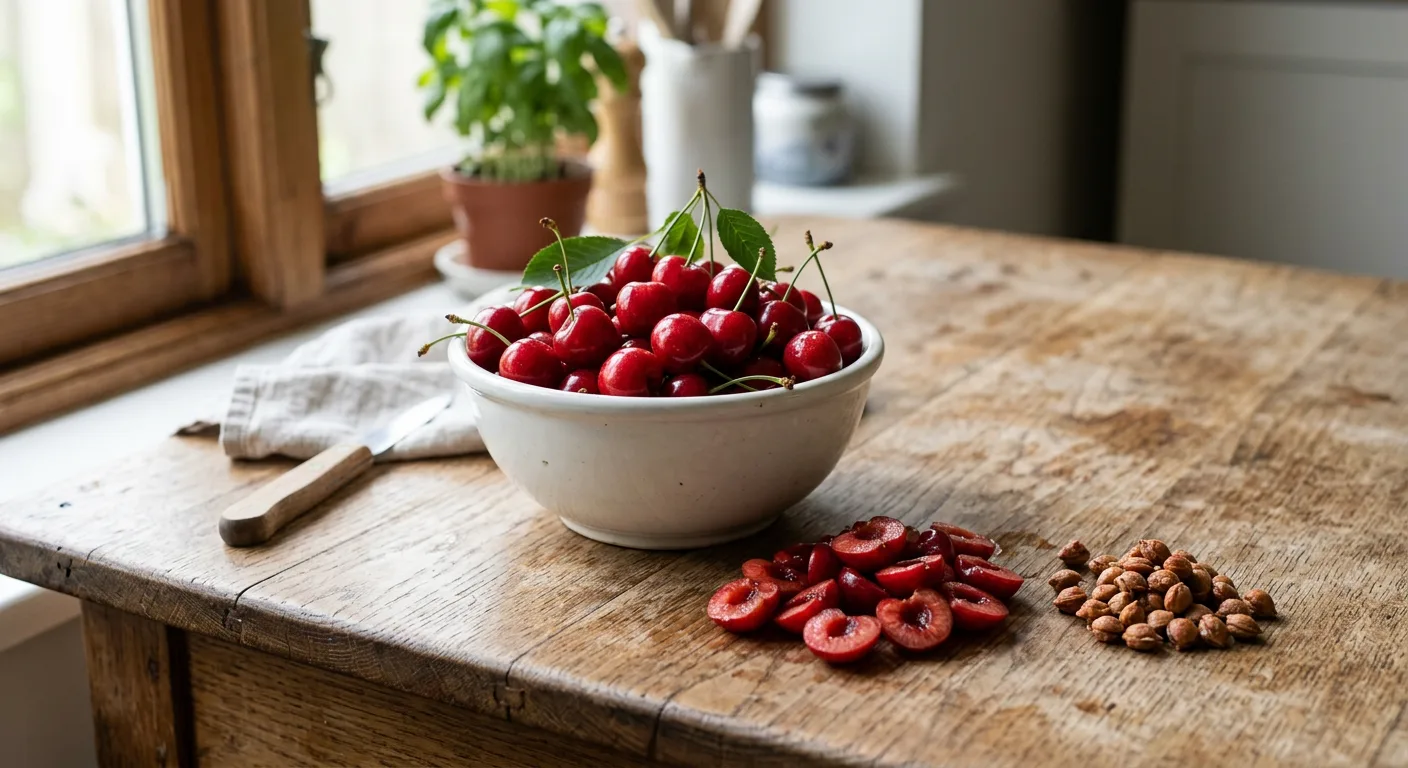 Schale mit frischen Kirschen daneben entkernte Kirschhälften und ein Häufchen Kirschkerne