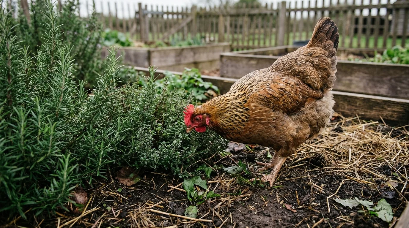 Huhn pickt zwischen grünen Kräuterpflanzen in einem Gartenbeet