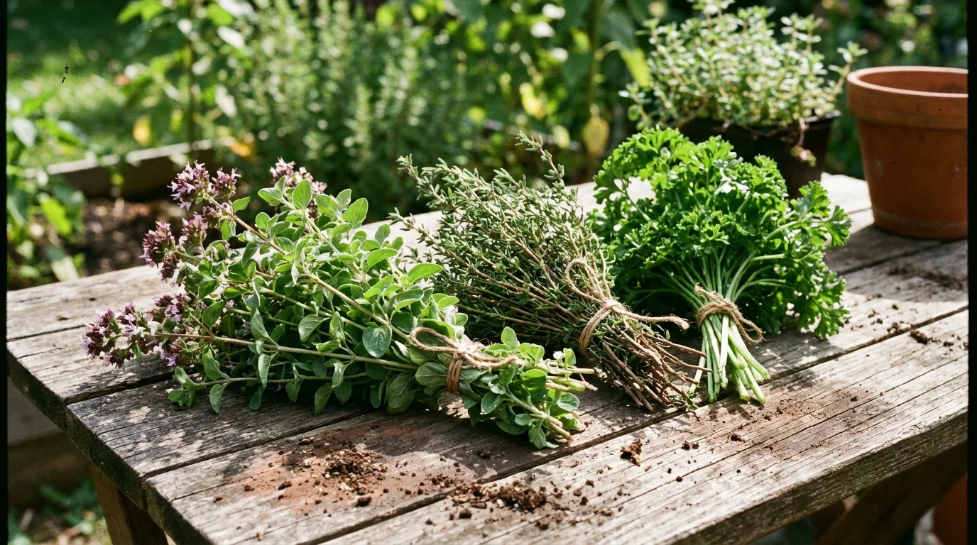 Frische Kräuter wie Oregano, Thymian und Petersilie gebündelt auf einem Holztisch