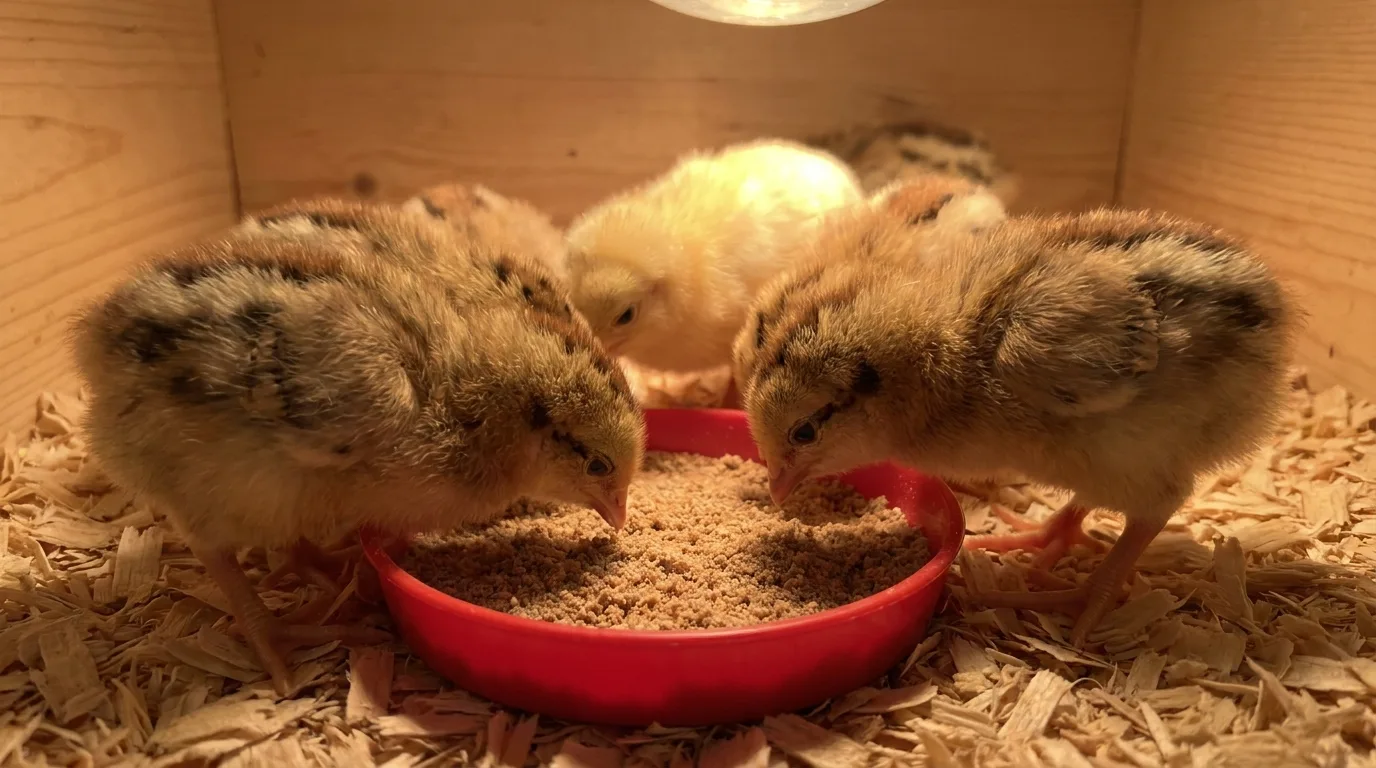 Flauschige Küken fressen feines Kükenstarter-Futter im Aufzuchtbehälter