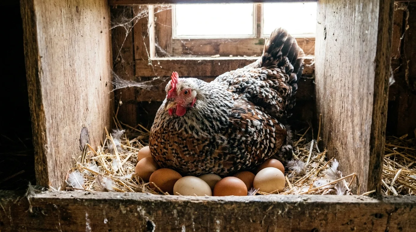 Glucke sitzt auf einem Gelege Eier in einem Nest – natürliche Brut