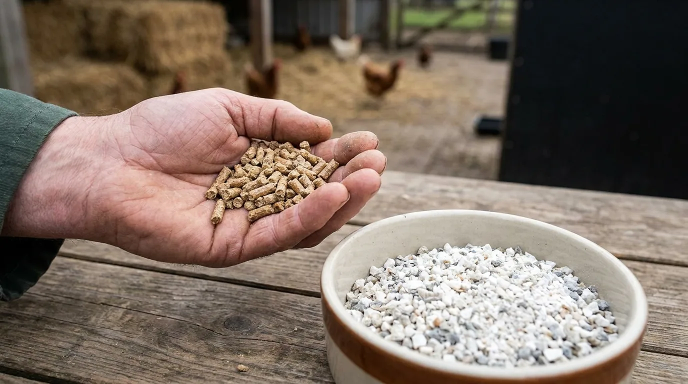 Hand mit Legefutter-Pellets neben einer Schale Muschelgrit – Kalzium für stabile Eierschalen
