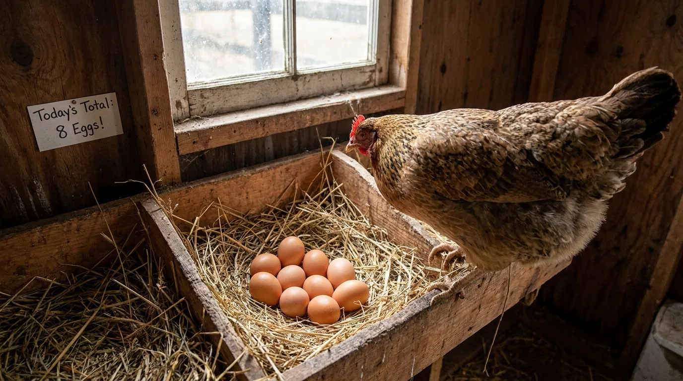 Frische braune Eier in einem Legenest mit Stroh, ein Huhn daneben