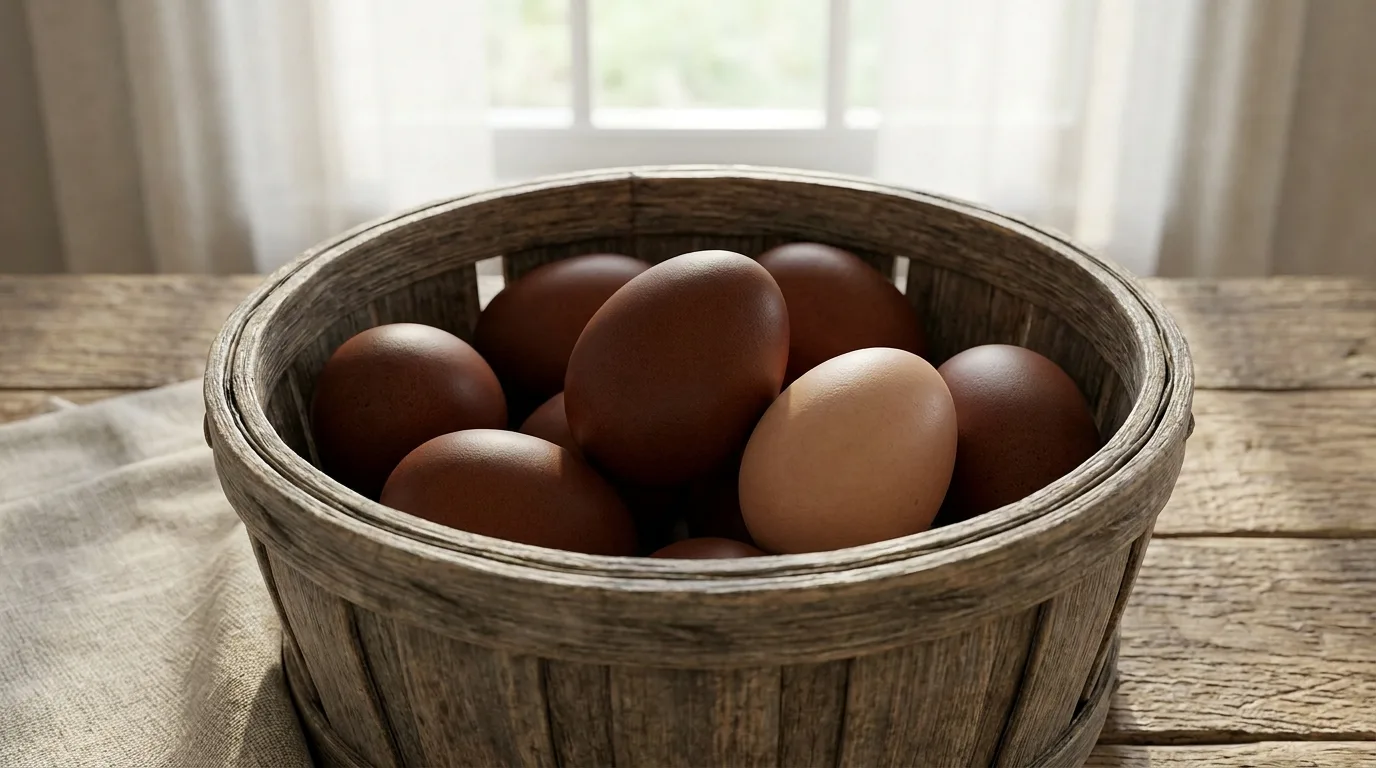 Sehr dunkle schokoladenbraune Marans-Eier in einem Korb neben einem helleren braunen Ei