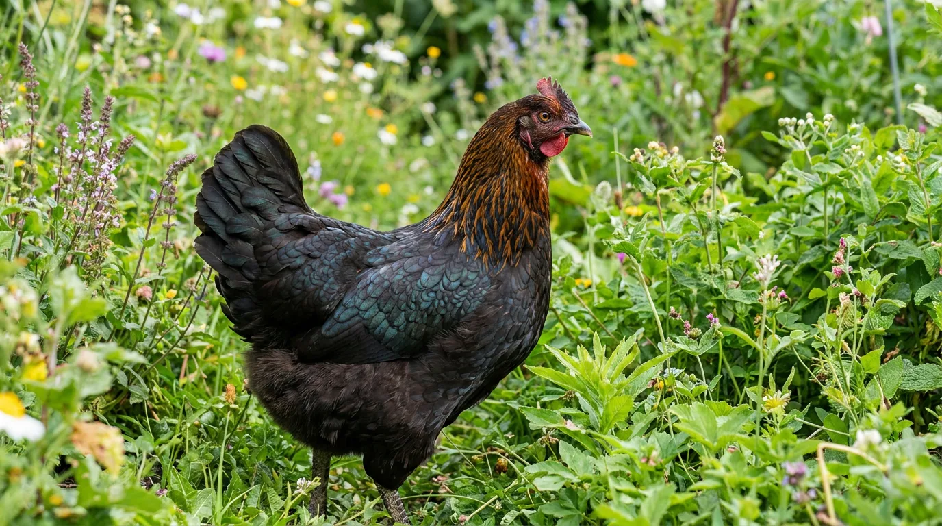 Schwarz-Kupfer-Marans-Henne mit glänzend schwarzem Gefieder und kupferfarbenem Halsbehang im Garten