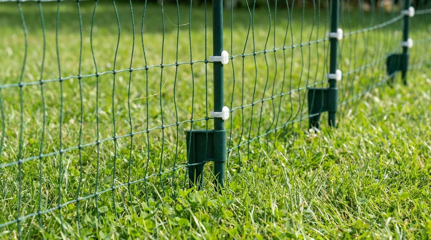 Grünes Elektro-Geflügelnetz mit Pfählen im Garten – Detailansicht