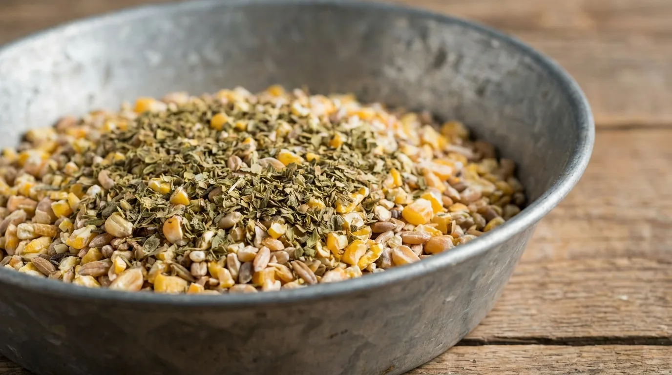 Getrockneter Oregano wird über das Hühnerfutter in einer Schale gestreut