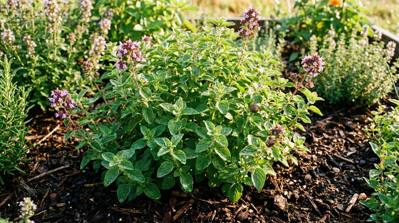 Kräftige Oregano-Pflanze mit grünen Blättern wächst im Garten