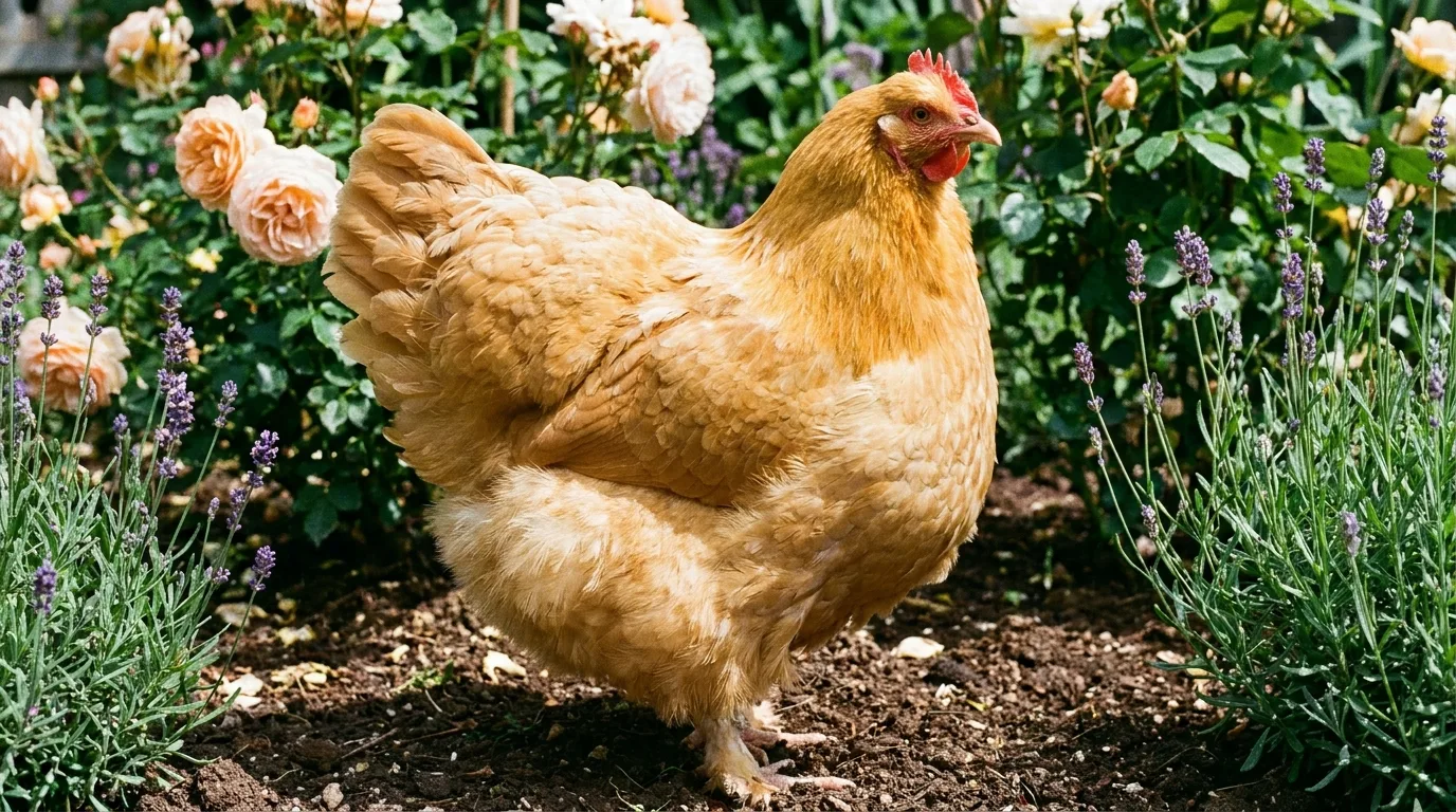 Buff-Orpington-Henne mit üppigem goldgelbem Federkleid im Garten