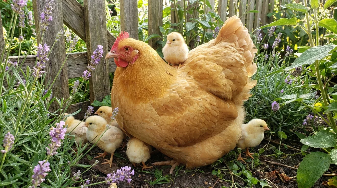 Buff-Orpington-Glucke mit flauschigen Küken im Garten