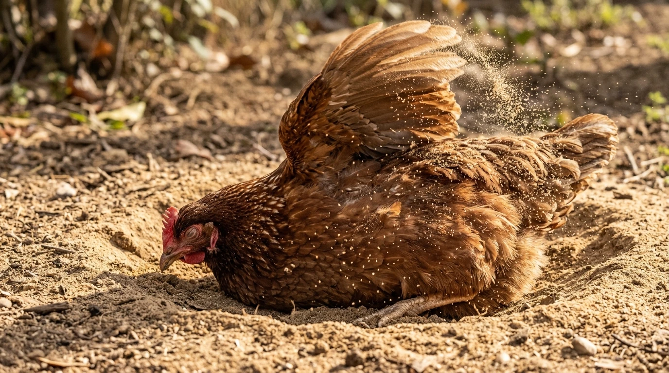 Huhn liegt im Sandbad und wirft mit erhobenem Flügel feinen Sand über das Gefieder