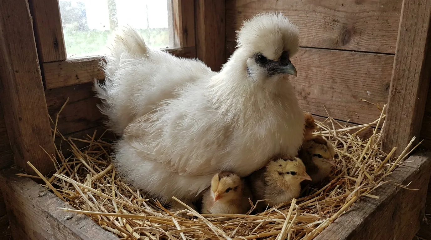 Seidenhuhn-Henne mit flauschigen Küken im Nest – sanfte Glucke
