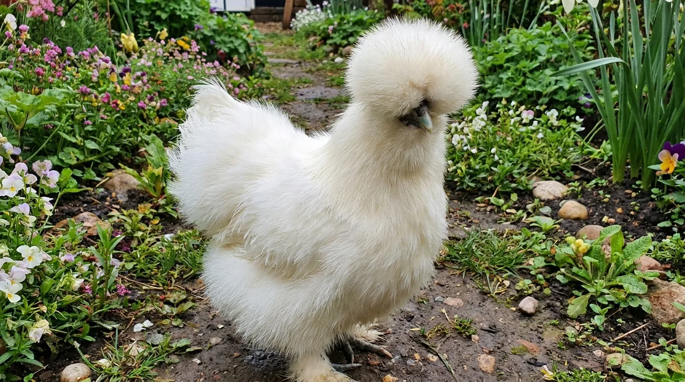 Flauschiges weißes Seidenhuhn mit seidigem Gefieder und Haube im Garten