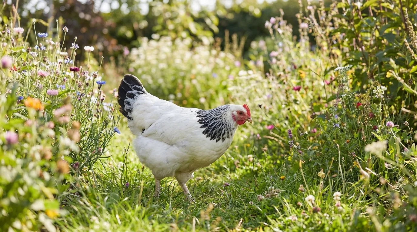 Weiß-schwarzcolumbia Sussex-Henne mit weißem Körper, schwarzem Halsbehang und schwarzem Schwanz im Garten